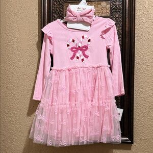 NWT Pink Tulle Candy-Cane Girls Dress with Bow Headband. Tulle has bow design.